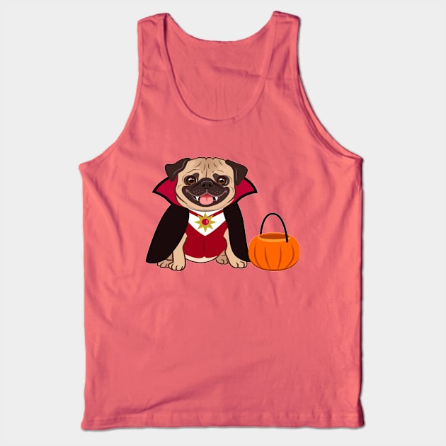 Halloween pug dog in vampire costume cartoon illustration. Cute friendly fat chubby fawn sitting pug puppy, smiling with tongue out. Pets, dog lovers Tank Top by amramna